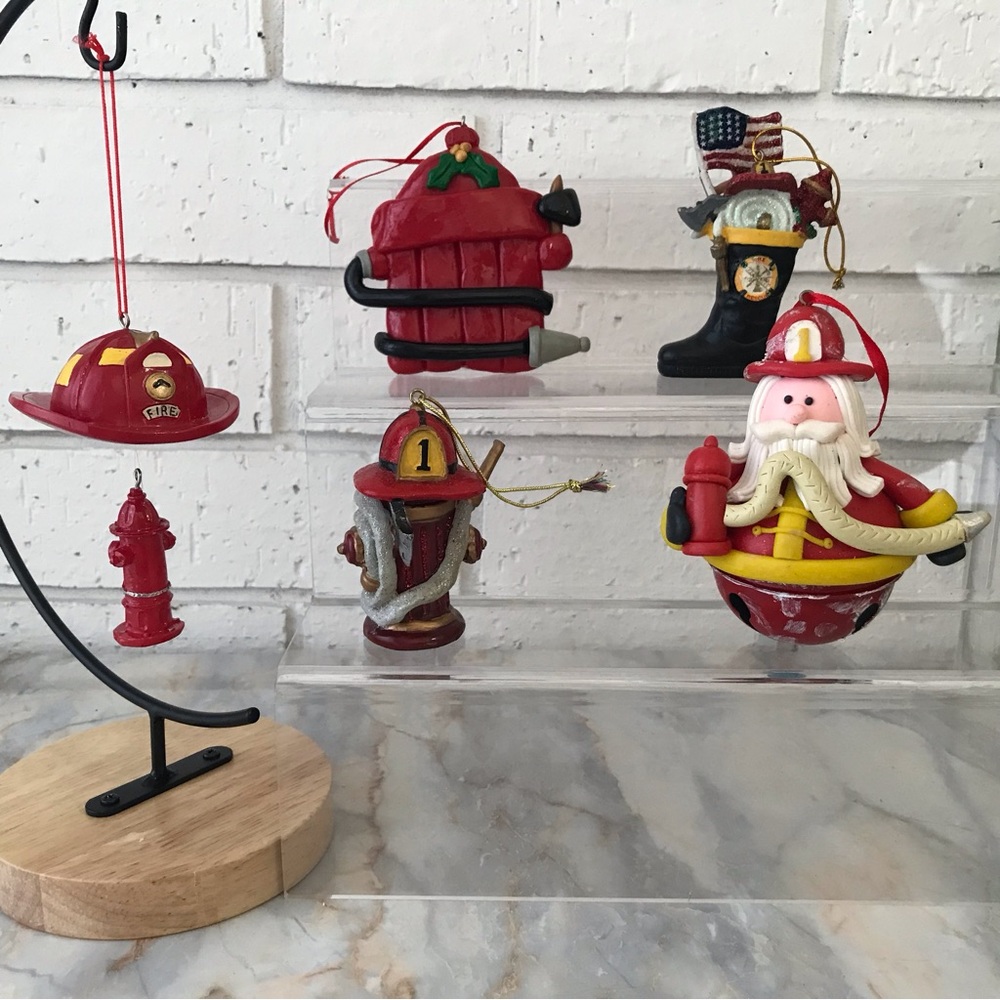 Fire Fighter Helmet Hydrant Holiday Christmas Ornament Lot of 5